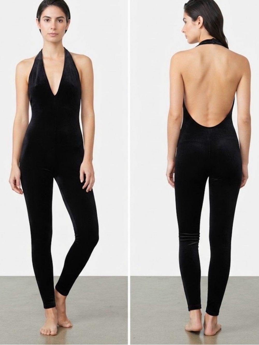NWT American Apparel Black Velvet Halter Catsuit Romper Bodysuit Jumpsuit Size X